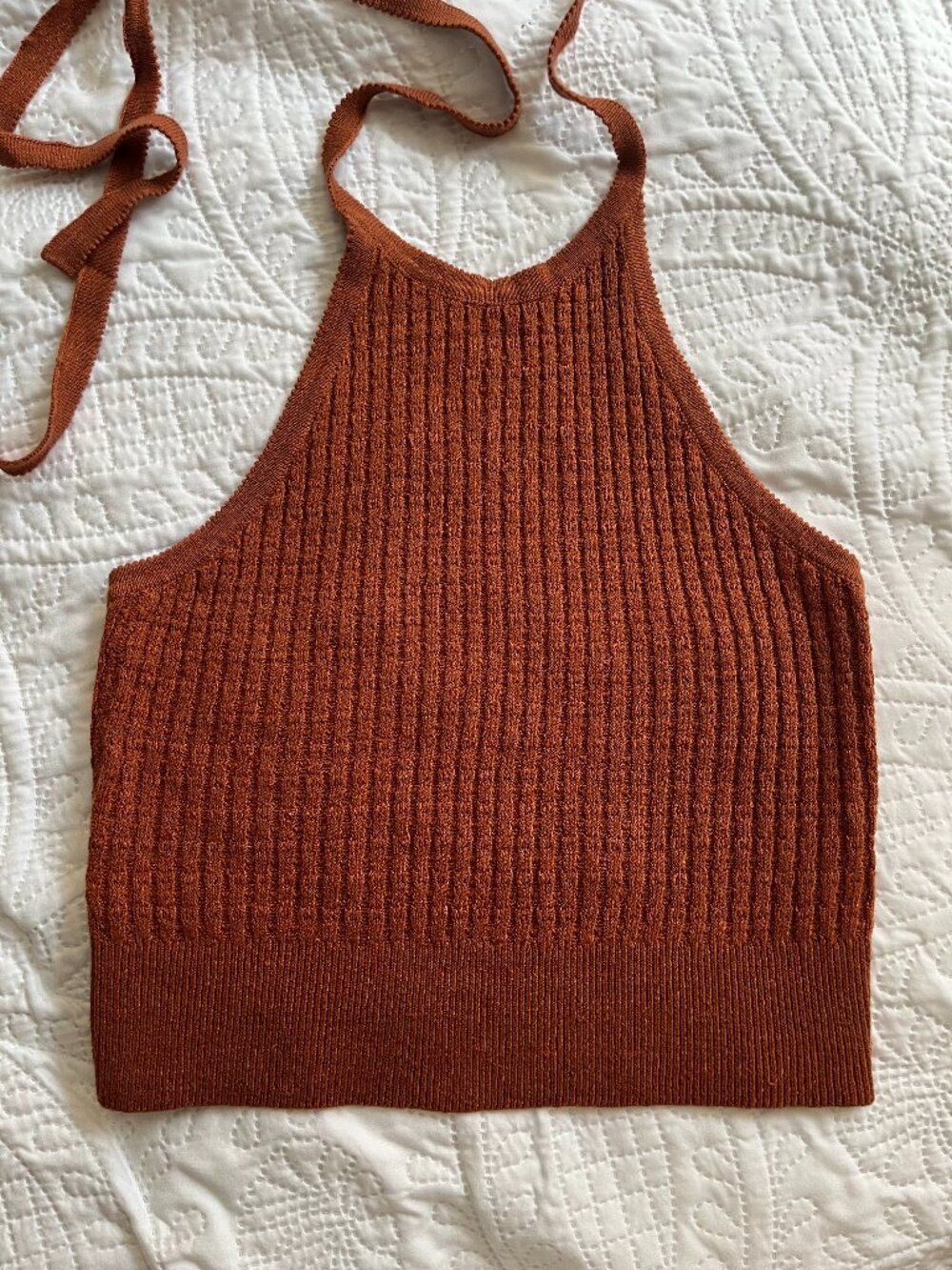 Linen and cotton knit halter tie back top